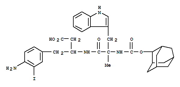 Molecular Structure of 156671-99-7 (Benzenebutanoic acid,4-amino-b-[[(2R)-3-(1H-indol-3-yl)-2-methyl-1-oxo-2-[[(tricyclo[3.3.1.13,7]dec-2-yloxy)carbonyl]amino]propyl]amino]-3-iodo-,(bS)- (9CI))