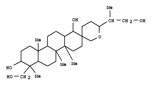 Molecular Structure of 156764-85-1 (Spiro[chrysene-2(1H),3'(4'H)-[2H]pyran]-1,8-diol,octadecahydro-7-(hydroxymethyl)-6'-[(1R)-2-hydroxy-1-methylethyl]-4a,4b,7,10a-tetramethyl-,(1R,2S,4aR,4bR,6'R,6aR,7R,8S,10aR,10bR,12aS)- (9CI))