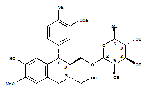 Molecular Structure of 156765-33-2 (a-L-Mannopyranoside,[(1S,2R,3R)-1,2,3,4-tetrahydro-7-hydroxy-1-(4-hydroxy-3-methoxyphenyl)-3-(hydroxymethyl)-6-methoxy-2-naphthalenyl]methyl6-deoxy-)