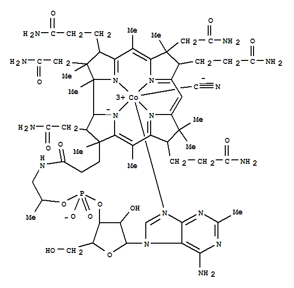 Molecular Structure of 15683-58-6 (Cobinamide, Co-(cyano-kC)-, dihydrogen phosphate(ester), inner salt, 3'-ester with (2-methyl-7-a-D-ribofuranosyl-7H-purin-6-amine-kN9))