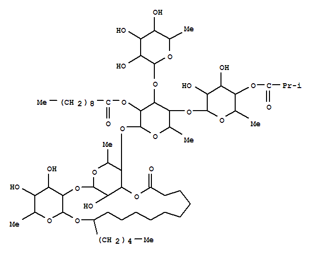 Molecular Structure of 156848-78-1 (Hexadecanoic acid,11-[[O-6-deoxy-a-L-mannopyranosyl-(1®3)-O-[6-deoxy-4-O-(2-methyl-1-oxopropyl)-a-L-mannopyranosyl-(1®4)]-O-6-deoxy-2-O-(1-oxodecyl)-a-L-mannopyranosyl-(1®4)-O-6-deoxy-a-L-mannopyranosyl-(1®2)-6-deoxy-b-D-galactopyranosyl]oxy]-,intramol. 1,3''-ester, (11S)- (9CI))