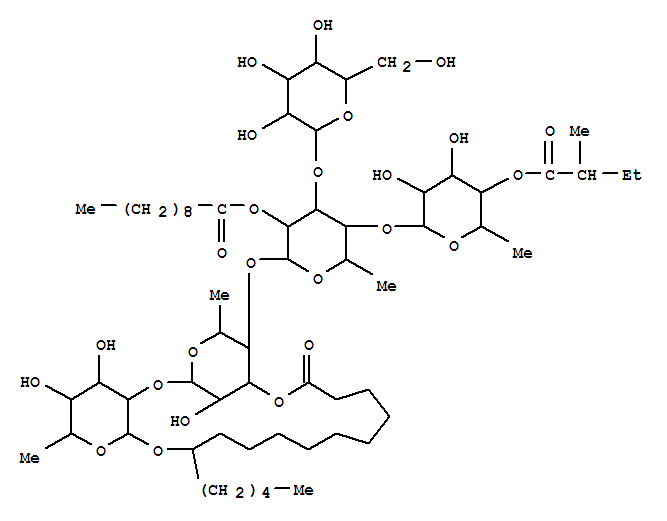 Molecular Structure of 156885-09-5 (Hexadecanoic acid,11-[[O-6-deoxy-4-O-[(2S)-2-methyl-1-oxobutyl]-a-L-mannopyranosyl-(1®4)-O-[b-D-glucopyranosyl-(1®3)]-O-6-deoxy-2-O-(1-oxodecyl)-a-L-mannopyranosyl-(1®4)-O-6-deoxy-a-L-mannopyranosyl-(1®2)-6-deoxy-b-D-galactopyranosyl]oxy]-, intramol. 1,3''-ester,(11S)- (9CI))