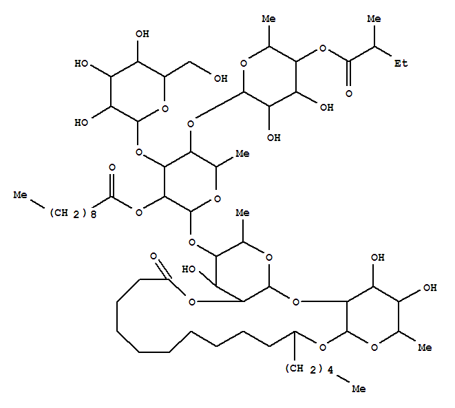 Molecular Structure of 156885-10-8 (Hexadecanoic acid,11-[[O-6-deoxy-4-O-[(2S)-2-methyl-1-oxobutyl]-a-L-mannopyranosyl-(1®4)-O-[b-D-glucopyranosyl-(1®3)]-O-6-deoxy-2-O-(1-oxodecyl)-a-L-mannopyranosyl-(1®4)-O-6-deoxy-a-L-mannopyranosyl-(1®2)-6-deoxy-b-D-galactopyranosyl]oxy]-, intramol. 1,2''-ester,(11S)- (9CI))