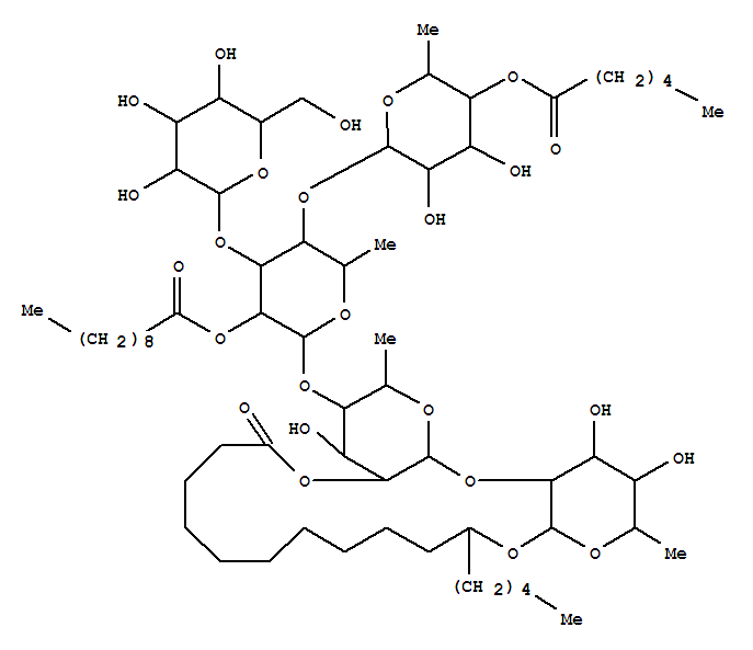 Molecular Structure of 156885-11-9 (Hexadecanoic acid,11-[[O-6-deoxy-4-O-(1-oxohexyl)-a-L-mannopyranosyl-(1®4)-O-[b-D-glucopyranosyl-(1®3)]-O-6-deoxy-2-O-(1-oxodecyl)-a-L-mannopyranosyl-(1®4)-O-6-deoxy-a-L-mannopyranosyl-(1®2)-6-deoxy-b-D-galactopyranosyl]oxy]-,intramol. 1,2''-ester, (11S)- (9CI))