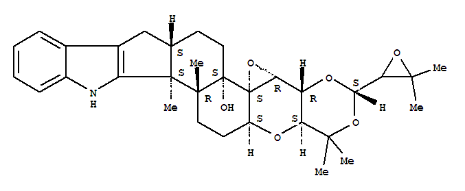 Molecular Structure of 156967-64-5 (5bH-[1,3]Dioxino[5'',4'':2',3']oxireno[4',4'a][1]benzopyrano[5',6':6,7]indeno[1,2-b]indol-5b-ol,3-(3,3-dimethyloxiranyl)-1,4a,4b,6,7,7a,8,13,13b,13c,14,15,15a,16a-tetradecahydro-1,1,13b,13c-tetramethyl-,(3S,4aR,4bR,5aS,5bS,7aS,13bS,13cR,15aS,16aS)- (9CI))