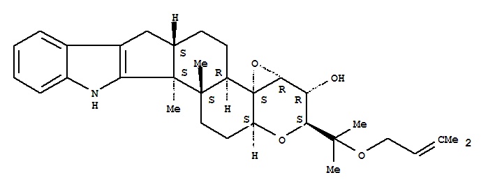 Molecular Structure of 156967-66-7 (2H,6H-Oxireno[3'',4'']pyrano[2'',3'':5',6']benz[1',2':6,7]indeno[1,2-b]indol-3-ol,3,3a,4b,5,6a,7,12,12b,12c,13,14,14a-dodecahydro-12b,12c-dimethyl-2-[1-methyl-1-[(3-methyl-2-buten-1-yl)oxy]ethyl]-,(2S,3R,3aR,4aS,4bR,6aS,12bS,12cS,14aS)-)