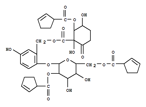 Molecular Structure of 157291-77-5 (b-D-Glucopyranoside,2-[[[[2-[(2-cyclopenten-1-ylcarbonyl)oxy]-1,3-dihydroxy-6-oxocyclohexyl]carbonyl]oxy]methyl]-4-hydroxyphenyl,2,6-di-2-cyclopentene-1-carboxylate (9CI))