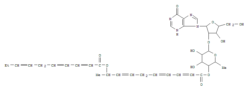 Molecular Structure of 157291-78-6 (Inosine,2'-O-[6-deoxy-4-O-[(2E,4E,7Z,9S)-1-oxo-9-[[(2E,4E,7Z)-1-oxo-2,4,7-decatrienyl]oxy]-2,4,7-decatrienyl]-a-L-galactopyranosyl]- (9CI))