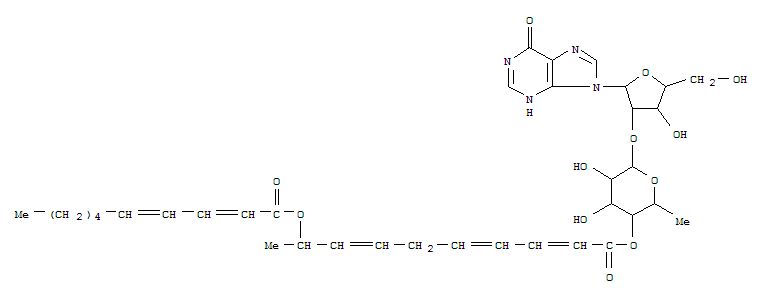 Molecular Structure of 157291-79-7 (Inosine,2'-O-[6-deoxy-4-O-[(2E,4E,7Z,9S)-1-oxo-9-[[(2E,4E)-1-oxo-2,4-decadienyl]oxy]-2,4,7-decatrienyl]-a-L-galactopyranosyl]- (9CI))