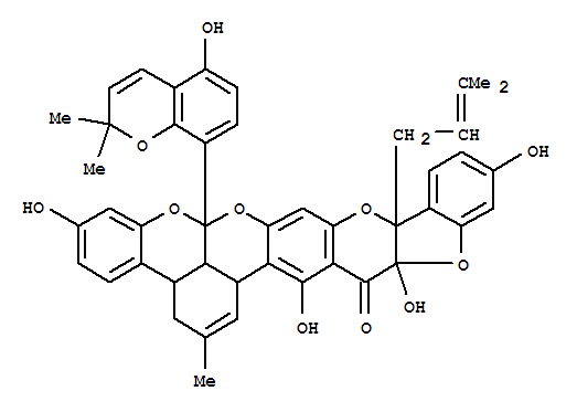 Molecular Structure of 157382-80-4 (3aH,17H-Benzofuro[3,2-b'][2]benzopyrano[1,8-bc:4,3-g']bis[1]benzopyran-17-one,3,8a,11a,16a,18b,18c-hexahydro-6,14,16a,18-tetrahydroxy-8a-(5-hydroxy-2,2-dimethyl-2H-1-benzopyran-8-yl)-2-methyl-11a-(3-methyl-2-butenyl)-(9CI))