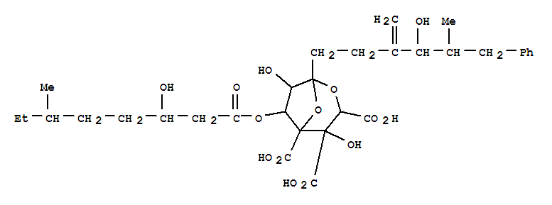 Molecular Structure of 158111-69-4 (L-erythro-L-glycero-D-altro-7-Trideculo-7,4-furanosonicacid,2,7-anhydro-3,4-di-C-carboxy-8,9,10,12,13-pentadeoxy-10-methylene-13-(phenylmethyl)-,5-(3-hydroxy-6-methyloctanoate), (7S)- (9CI))