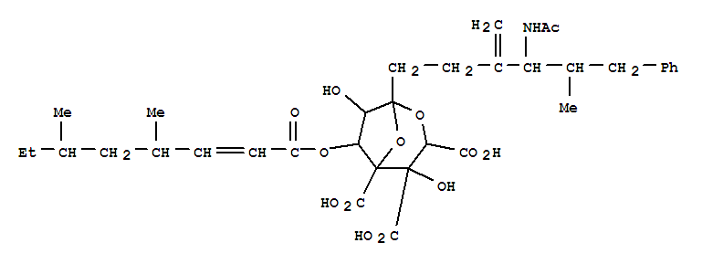 Molecular Structure of 158111-73-0 (L-glycero-D-altro-7-Trideculo-7,4-furanosonicacid,11-(acetylamino)-2,7-anhydro-3,4-di-C-carboxy-8,9,10,11,12,13-hexadeoxy-12-methyl-10-methylene-13-phenyl-,5-[(2E,4S,6S)-4,6-dimethyl-2-octenoate], (7S,11x,12x)- (9CI))