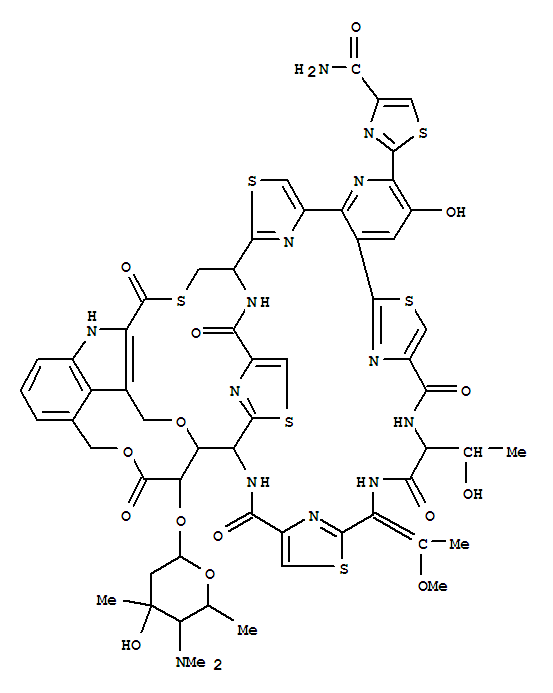 Molecular Structure of 158446-31-2 (4-Thiazolecarboxamide,2-[49-[[2,4,6-trideoxy-4-(dimethylamino)-3-C-methyl-a-L-lyxo-hexopyranosyl]oxy]-9,10,11,12,13,14,19,20,21,22,29,30,32,33-tetradecahydro-3,29-dihydroxy-11-(1-hydroxyethyl)-14-(1-methoxyethylidene)-9,12,19,30,40,48-hexaoxo-22,25-(ethanoxymethano)-8,5:18,15:37,34-trinitrilo-21,33-([2,4]-endo-thiazolomethanimino)-5H,15H,24H,34H-pyrido[3',2':20,21][1,8,18,24,28,4,11,14]oxatetrathiatriazacyclodotriacontino[30,31-b]indol-2-yl]-(9CI))