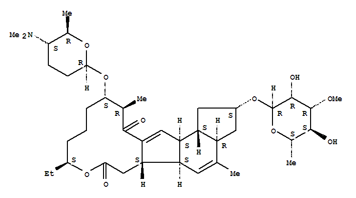 Molecular Structure of 159195-04-7 (1H-as-Indaceno[3,2-d]oxacyclododecin-7,15-dione,2-[(6-deoxy-3-O-methyl-a-L-mannopyranosyl)oxy]-13-[[(2R,5S,6R)-5-(dimethylamino)tetrahydro-6-methyl-2H-pyran-2-yl]oxy]-9-ethyl-2,3,3a,5a,5b,6,9,10,11,12,13,14,16a,16b-tetradecahydro-4,14-dimethyl-,(2S,3aR,5aS,5bS,9S,13S,14R,16aS,16bS)-)