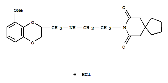 Molecular Structure of 159650-30-3 (8-Azaspiro[4.5]decane-7,9-dione,8-[2-[[(2,3-dihydro-8-methoxy-1,4-benzodioxin-2-yl)methyl]amino]ethyl]-,hydrochloride (1:1))