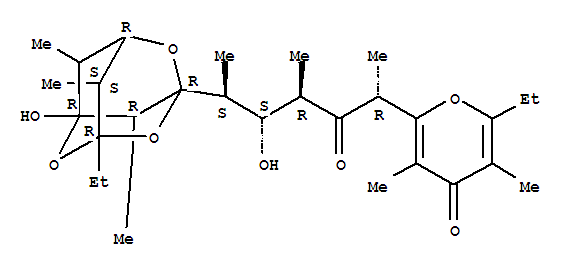 Molecular Structure of 160098-73-7 (4H-Pyran-4-one,2-ethyl-6-[(1R,3R,4S,5S)-5-[(1R,3R,5R,7R,8S,9S,10R)-5-ethyl-7-hydroxy-8,9,10-trimethyl-2,4,6-trioxatricyclo[3.3.1.13,7]dec-3-yl]-4-hydroxy-1,3-dimethyl-2-oxohexyl]-3,5-dimethyl-)