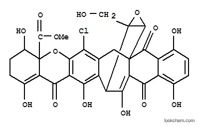 Molecular Structure of 160169-60-8 (4aH-7a,15-endo-Oxiranonaphtho[2',3':4,5]cyclohepta[1,2-b]xanthene-4a-carboxylicacid,6-chloro-2,3,4,7,8,13,15,17-octahydro-1,4,9,12,14,16-hexahydroxy-18-(hydroxymethyl)-8,13,17-trioxo-,methyl ester, (4R,4aR,7aR,15R,18S,20S)- (9CI))