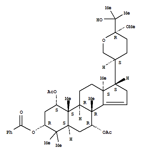 Molecular Structure of 161162-23-8 (Cholest-14-ene-1,3,7,25-tetrol,21,24-epoxy-24-methoxy-4,4,8-trimethyl-, 1,7-diacetate 3-benzoate, (1a,3a,5a,7a,13a,17a,20S,24R)-)