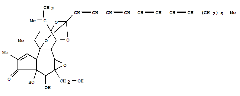 Molecular Structure of 161511-79-1 (6H-2,8b-Epoxyoxireno[6,7]azuleno[5,4-e]-1,3-benzodioxol-6-one,3a,3b,3c,4a,5,5a,8a,9,10,10a-decahydro-5,5a-dihydroxy-4a-(hydroxymethyl)-7,9-dimethyl-10a-(1-methylethenyl)-2-[(1E,3E)-1,3,5,7-pentadecatetraenyl]-,(2S,3aR,3bS,3cS,4aR,5S,5aS,8aR,8bR,9R,10aR)- (9CI))
