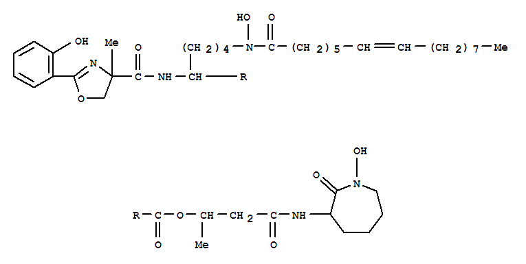 Molecular Structure of 161589-11-3 (Lysine,N2-[[4,5-dihydro-2-(2-hydroxyphenyl)-4-methyl-4-oxazolyl]carbonyl]-N6-hydroxy-N6-(1-oxo-7-hexadecenyl)-,3-[(hexahydro-1-hydroxy-2-oxo-1H-azepin-3-yl)amino]-1-methyl-3-oxopropyl ester(9CI))