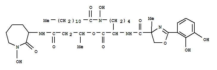 Molecular Structure of 161589-12-4 (Lysine,N2-[[2-(2,3-dihydroxyphenyl)-4,5-dihydro-4-methyl-4-oxazolyl]carbonyl]-N6-hydroxy-N6-(1-oxododecyl)-,3-[(hexahydro-1-hydroxy-2-oxo-1H-azepin-3-yl)amino]-1-methyl-3-oxopropyl ester(9CI))