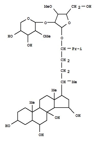 Molecular Structure of 161996-26-5 (Cholestane-3,6,8,15-tetrol,24-[[3-O-methyl-2-O-(2-O-methyl-b-D-xylopyranosyl)-a-L-arabinofuranosyl]oxy]-, (3b,5a,6a,15a,24S)- (9CI))