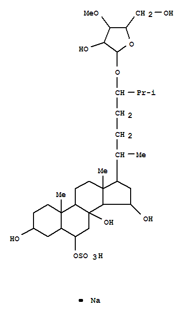 Molecular Structure of 161996-29-8 (Cholestane-3,6,8,15-tetrol,24-[(3-O-methyl-a-L-arabinofuranosyl)oxy]-,6-(hydrogen sulfate), monosodium salt, (3b,5a,6a,15a,24S)- (9CI))