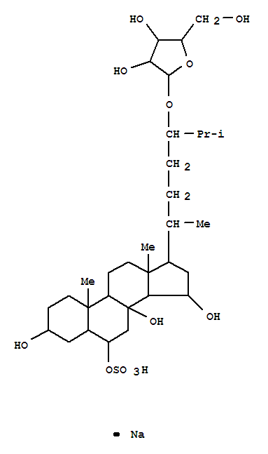 Molecular Structure of 161996-30-1 (Cholestane-3,6,8,15-tetrol,24-(a-L-arabinofuranosyloxy)-,6-(hydrogen sulfate), monosodium salt, (3b,5a,6a,15a,24S)- (9CI))