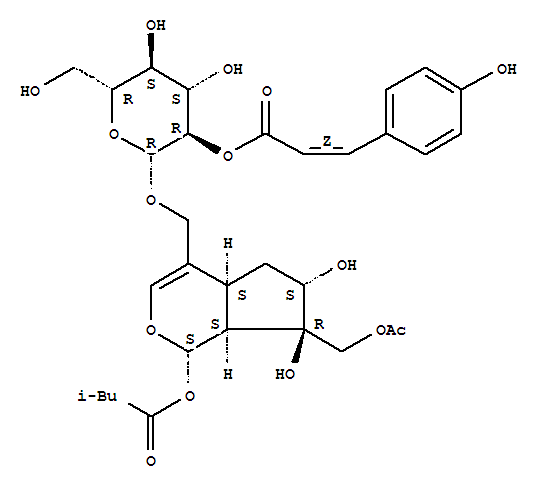 Molecular Structure of 162681-77-8 (b-D-Glucopyranoside,[(1S,4aS,6S,7R,7aS)-7-[(acetyloxy)methyl]-1,4a,5,6,7,7a-hexahydro-6,7-dihydroxy-1-(3-methyl-1-oxobutoxy)cyclopenta[c]pyran-4-yl]methyl,2-[(2Z)-3-(4-hydroxyphenyl)-2-propenoate] (9CI))