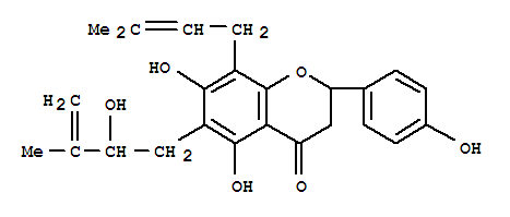 Molecular Structure of 162681-79-0 (4H-1-Benzopyran-4-one,2,3-dihydro-5,7-dihydroxy-6-(2-hydroxy-3-methyl-3-butenyl)-2-(4-hydroxyphenyl)-8-(3-methyl-2-butenyl)-(9CI))