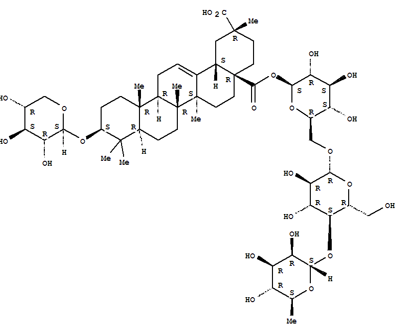 Molecular Structure of 162811-51-0 (Olean-12-ene-28,29-dioicacid, 3-(b-D-xylopyranosyloxy)-,28-(O-6-deoxy-a-L-mannopyranosyl-(1®4)-O-b-D-glucopyranosyl-(1®6)-b-D-glucopyranosyl) ester, (3b,20a)- (9CI))