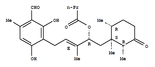 Molecular Structure of 165187-02-0 (Butanoic acid,(1R,2E)-4-(3-formyl-2,6-dihydroxy-4-methylphenyl)-2-methyl-1-[[(1S,2R,6R)-1,2,6-trimethyl-3-oxocyclohexyl]methyl]-2-buten-1-ylester)