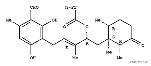 Molecular Structure of 165187-02-0 (Butanoic acid,(1R,2E)-4-(3-formyl-2,6-dihydroxy-4-methylphenyl)-2-methyl-1-[[(1S,2R,6R)-1,2,6-trimethyl-3-oxocyclohexyl]methyl]-2-buten-1-ylester)