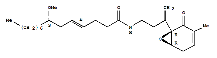 Molecular Structure of 165337-92-8 (4-Tetradecenamide,7-methoxy-N-[3-[(1R,6R)-3-methyl-2-oxo-7-oxabicyclo[4.1.0]hept-3-en-1-yl]-3-buten-1-yl]-,(4E,7S)-)