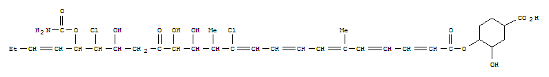 Molecular Structure of 165338-02-3 (Cyclohexanecarboxylicacid,4-[[19-[(aminocarbonyl)oxy]-11,18-dichloro-13,14,17-trihydroxy-6,12-dimethyl-1,15-dioxo-2,4,6,8,10,20-tricosahexaenyl]oxy]-3-hydroxy-(9CI))