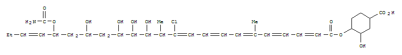 Molecular Structure of 165338-03-4 (Cyclohexanecarboxylicacid,4-[[19-[(aminocarbonyl)oxy]-11-chloro-13,14,15,17-tetrahydroxy-6,12-dimethyl-1-oxo-2,4,6,8,10,20-tricosahexaenyl]oxy]-3-hydroxy-(9CI))