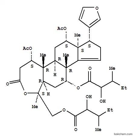 Molecular Structure of 166197-29-1 (Pentanoic acid,2-hydroxy-3-methyl-,(1S,5S,5aR,5bR,7S,7aS,8S,10bR,11R,12aR)-5,7-bis(acetyloxy)-8-(3-furanyl)-3,4,5,5a,5b,6,7,7a,8,9,10b,11,12,12a-tetradecahydro-1-[[(2-hydroxy-3-methyl-1-oxopentyl)oxy]methyl]-1,5a,7a,10b-tetramethyl-3-oxo-1H-cyclopenta[5,6]naphth[2,1-c]oxepin-11-ylester)