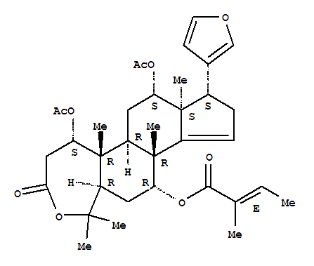 Molecular Structure of 166197-31-5 (2-Butenoic acid,2-methyl-,(5S,5aR,5bR,7S,7aS,8S,10bR,11R,12aR)-5,7-bis(acetyloxy)-8-(3-furanyl)-3,4,5,5a,5b,6,7,7a,8,9,10b,11,12,12a-tetradecahydro-1,1,5a,7a,10b-pentamethyl-3-oxo-1H-cyclopenta[5,6]naphth[2,1-c]oxepin-11-ylester, (2E)-)