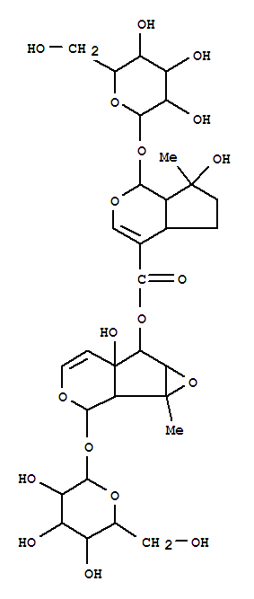 166604-08-6,Cyclopenta[c]pyran-4-carboxylicacid, 1-(b-D-glucopyranosyloxy)-1,4a,5,6,7,7a-hexahydro-7-hydroxy-7-methyl-,2-(b-D-glucopyranosyloxy)-1a,1b,2,5a,6,6a-hexahydro-5a-hydroxy-1a-methyloxireno[4,5]cyclopenta[1,2-c]pyran-6-ylester, [1aR-[1aa,1bb,2b,5ab,6b(1S*,4aS*,7S*,7aS*),6aa]]- (9CI),Kickxin