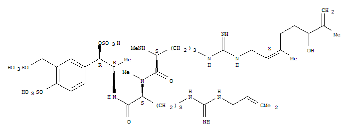 Molecular Structure of 167289-60-3 (L-Ornithinamide,N5-[[[(2Z)-6-hydroxy-3,7-dimethyl-2,7-octadienyl]amino]iminomethyl]-N2-methyl-L-ornithyl-N5-[imino[(3-methyl-2-butenyl)amino]methyl]-N2-methyl-N-[(1R,2R)-1-methyl-2-(sulfooxy)-2-[4-(sulfooxy)-3-[(sulfooxy)methyl]phenyl]ethyl]-(9CI))