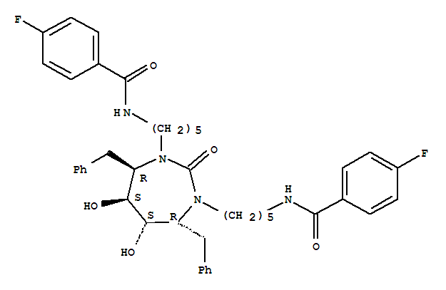 Molecular Structure of 167826-40-6 (Benzamide,N,N'-[[tetrahydro-5,6-dihydroxy-2-oxo-4,7-bis(phenylmethyl)-1H-1,3-diazepine-1,3(2H)-diyl]di-5,1-pentanediyl]bis[4-fluoro-,[4R-(4a,5a,6b,7b)]- (9CI))