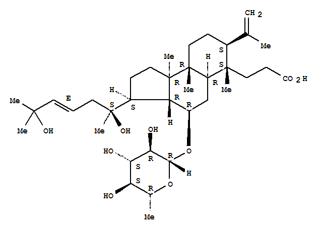 Molecular Structure of 168146-85-8 (1H-Benz[e]indene-6-propanoicacid, 4-[(6-deoxy-b-D-glucopyranosyl)oxy]-3-[(1S,3E)-1,5-dihydroxy-1,5-dimethyl-3-hexen-1-yl]dodecahydro-6,9a,9b-trimethyl-7-(1-methylethenyl)-,(3S,3aR,4R,5aR,6S,7S,9aR,9bR)-)