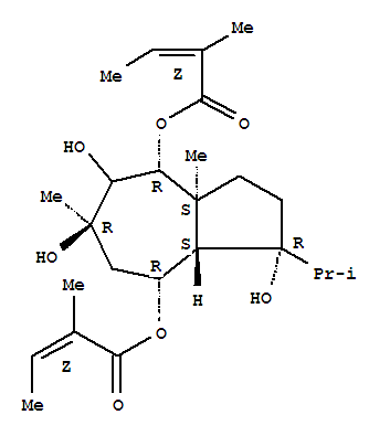 Molecular Structure of 16836-38-7 (2-Butenoic acid,2-methyl-,(1R,3aS,4R,6R,8R,8aS)-decahydro-1,5,6-trihydroxy-3a,6-dimethyl-1-(1-methylethyl)-4,8-azulenediylester, (2Z,2'Z)-rel- (9CI))
