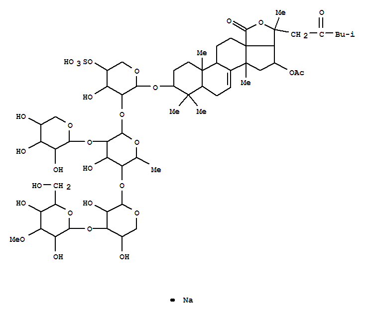 Molecular Structure of 168433-95-2 (Lanost-7-en-18-oicacid, 16-(acetyloxy)-20-hydroxy-3-[(O-3-O-methyl-b-D-glucopyranosyl-(1®3)-O-b-D-xylopyranosyl-(1®4)-O-[b-D-xylopyranosyl-(1®2)]-O-6-deoxy-b-D-glucopyranosyl-(1®2)-4-O-sulfo-b-D-xylopyranosyl)oxy]-23-oxo-, g-lactone, sodium salt (1:1), (3b,16b)-)