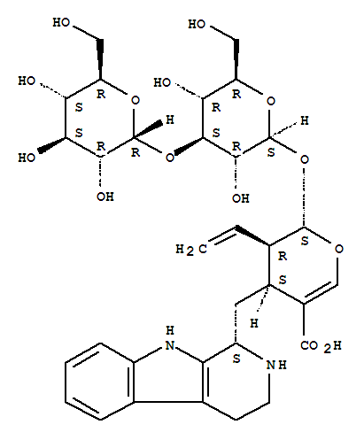 Molecular Structure of 168434-16-0 (2H-Pyran-5-carboxylicacid, 3-ethenyl-2-[(3-O-a-D-glucopyranosyl-b-D-glucopyranosyl)oxy]-3,4-dihydro-4-[(2,3,4,9-tetrahydro-1H-pyrido[3,4-b]indol-1-yl)methyl]-,[2S-[2a,3b,4b(R*)]]- (9CI))