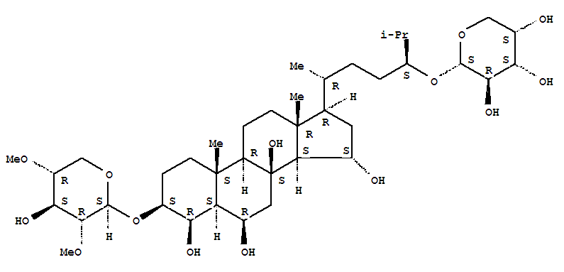 Molecular Structure of 168570-44-3 (Cholestane-4,6,8,15-tetrol,24-(a-L-arabinopyranosyloxy)-3-[(2,4-di-O-methyl-b-D-xylopyranosyl)oxy]-, (3b,4b,5a,6b,15a,24S)- (9CI))