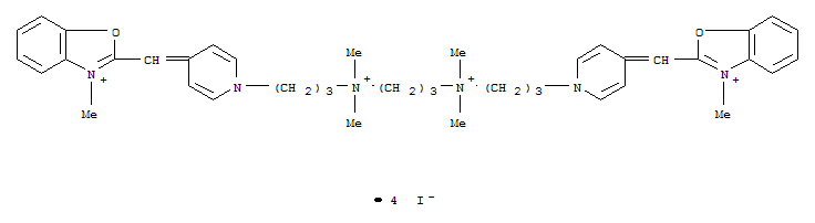 Molecular Structure of 169454-15-3 (Benzoxazolium,2,2'-[1,3-propanediylbis[(dimethyliminio)-3,1-propanediyl-1(4H)-pyridinyl-4-ylidenemethylidyne]]bis[3-methyl-,iodide (1:4))