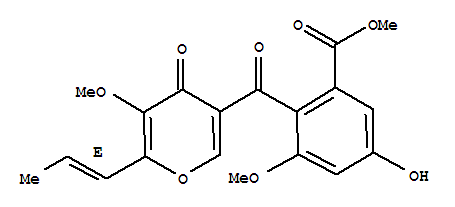 Molecular Structure of 169626-49-7 (Benzoic acid,5-hydroxy-3-methoxy-2-[[5-methoxy-4-oxo-6-(1E)-1-propen-1-yl-4H-pyran-3-yl]carbonyl]-,methyl ester)