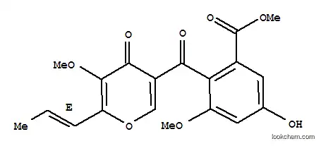 Molecular Structure of 169626-49-7 (Benzoic acid,5-hydroxy-3-methoxy-2-[[5-methoxy-4-oxo-6-(1E)-1-propen-1-yl-4H-pyran-3-yl]carbonyl]-,methyl ester)