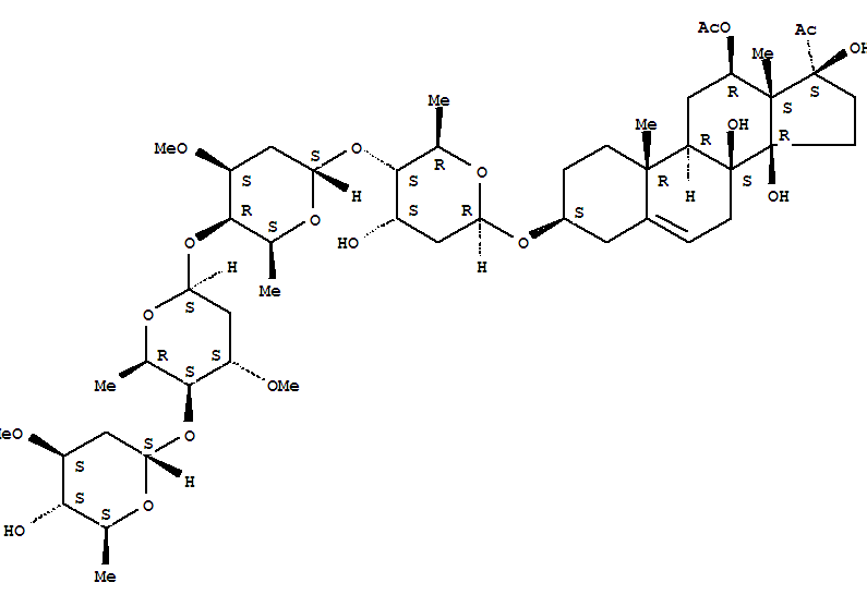 Molecular Structure of 170129-76-7 (Pregn-5-en-20-one,12-(acetyloxy)-3-[(O-2,6-dideoxy-3-O-methyl-a-L-ribo-hexopyranosyl-(1®4)-O-2,6-dideoxy-3-O-methyl-b-D-ribo-hexopyranosyl-(1®4)-O-2,6-dideoxy-3-O-methyl-a-L-lyxo-hexopyranosyl-(1®4)-2,6-dideoxy-b-D-ribo-hexopyranosyl)oxy]-8,14,17-trihydroxy-,(3b,12b,14b,17a)- (9CI))